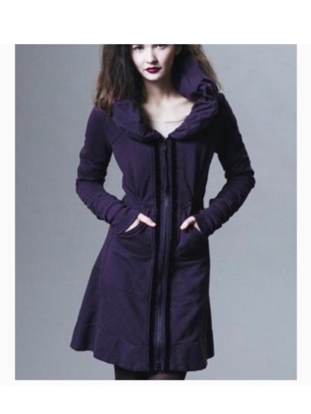 Prairie Underground Velvet Trimmed Long Cloak Hoodie in Eggplant Size Small